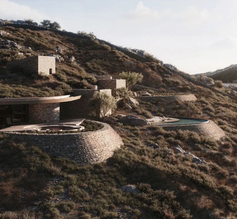 Rendering of stone-walled villa terraces stepping down a dry Greek hillside, with a round plunge pool and a curved roof