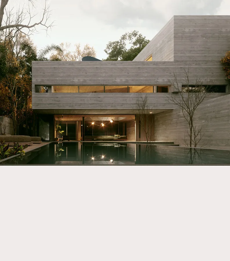 Rendering of a board-marked concrete house with a long glazed band, reflected in a dark pool among bare trees