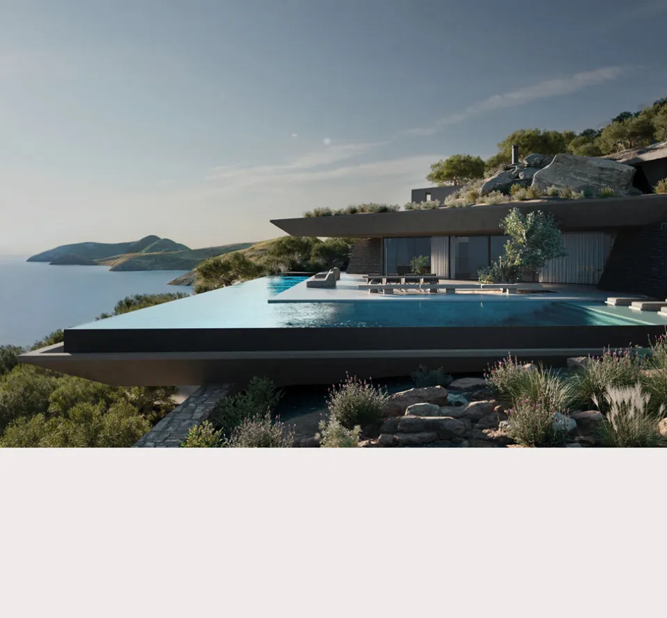 Rendering of a cliffside villa with a cantilevered infinity pool overlooking the sea and a distant headland
