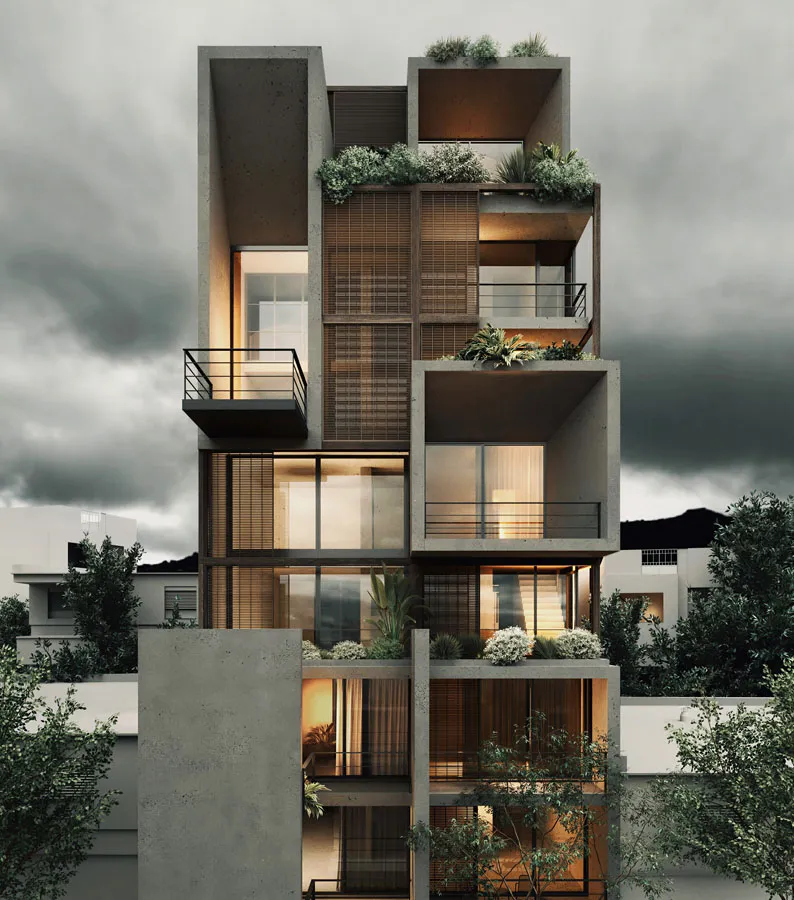 Rendering of a narrow urban apartment building of stacked concrete boxes with timber screens, planters and balconies under a stormy sky