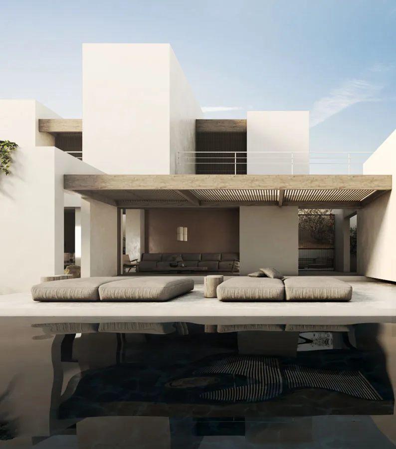 Rendering of a white plastered villa with a timber pergola and two daybeds beside a dark reflecting pool