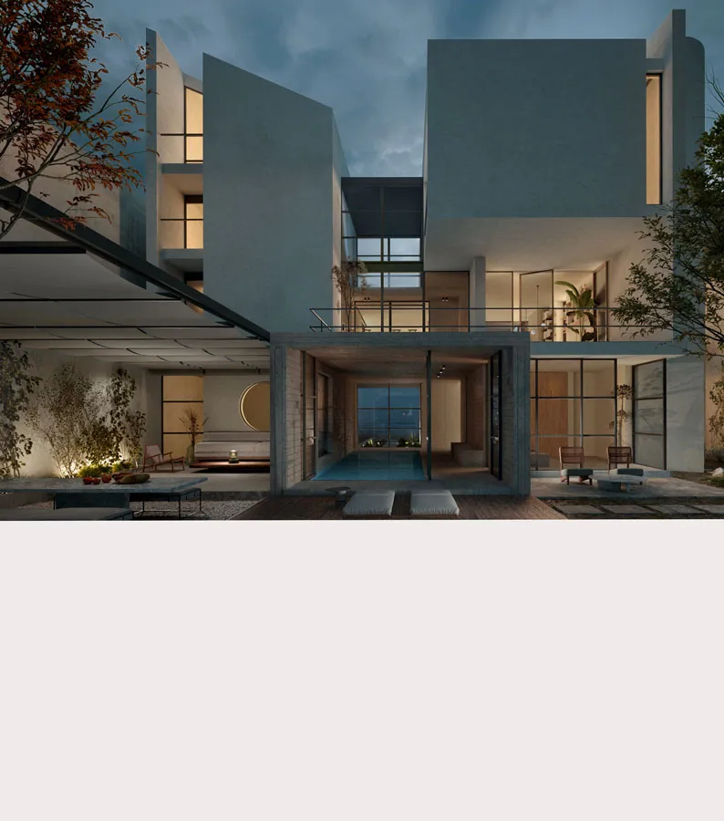 Rendering of a multi-level villa at dusk with an indoor pool, lit terraces and tall plastered walls