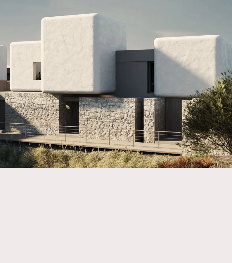 Rendering of rounded white cubic volumes resting on a rough stone base with a timber walkway and olive tree