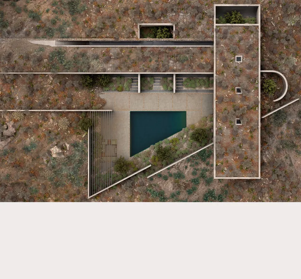 Rendering, seen from above, of a villa hidden under a planted roof, with a triangular pool and garden courtyard