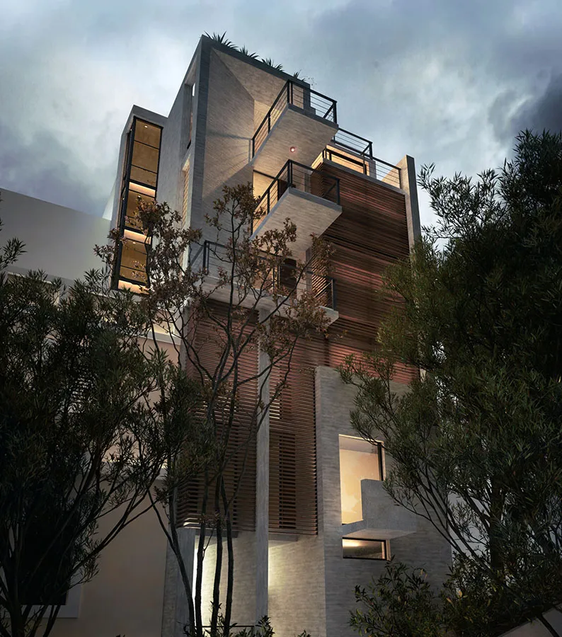 Rendering of a slender apartment tower at dusk with timber louvres, stepped balconies and tall trees in front