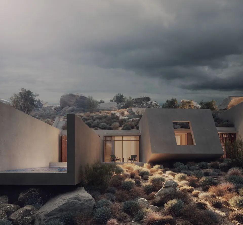Rendering of a low concrete villa among boulders and scrub under dark storm clouds, with a skewed window opening and a pool terrace