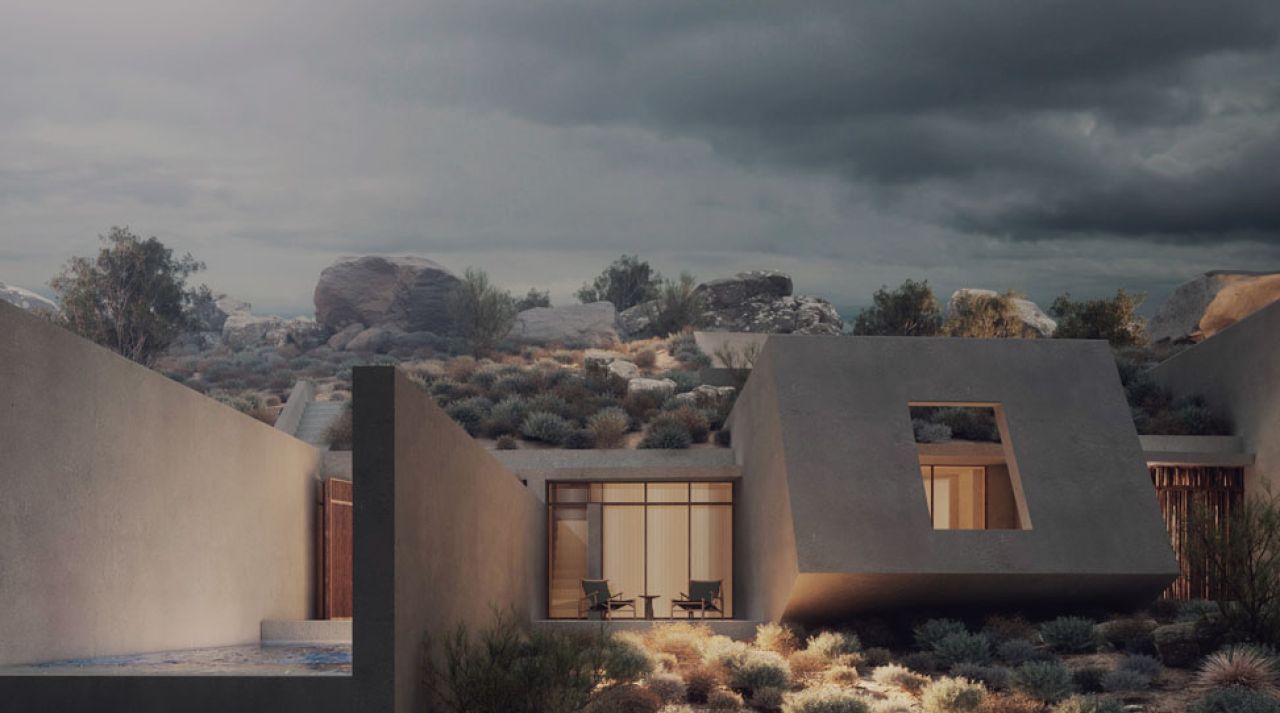Rendering of a low concrete villa among boulders and scrub under dark storm clouds, with a skewed window opening and a pool terrace