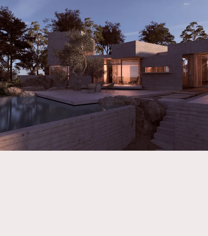 Rendering of a board-marked concrete villa at dusk with a stepped terrace, olive tree and an infinity pool in the foreground
