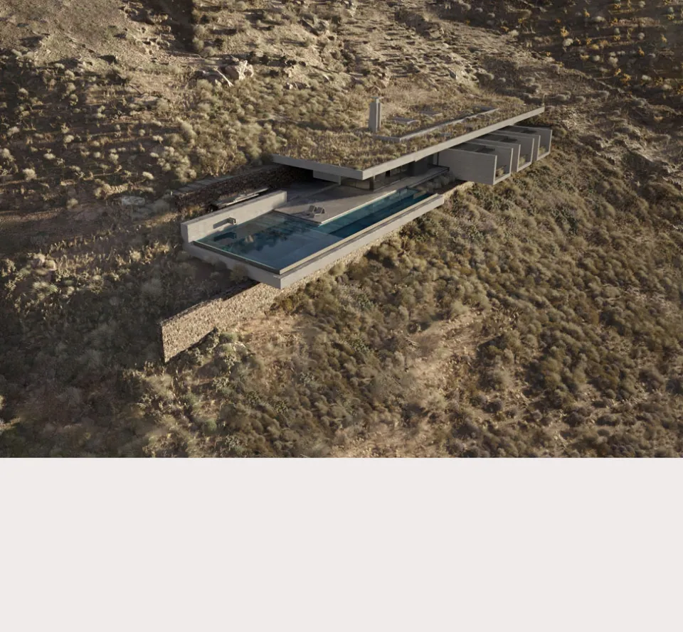Aerial rendering of a villa with a green roof and a long glass-edged pool cantilevered from a steep scrubby slope