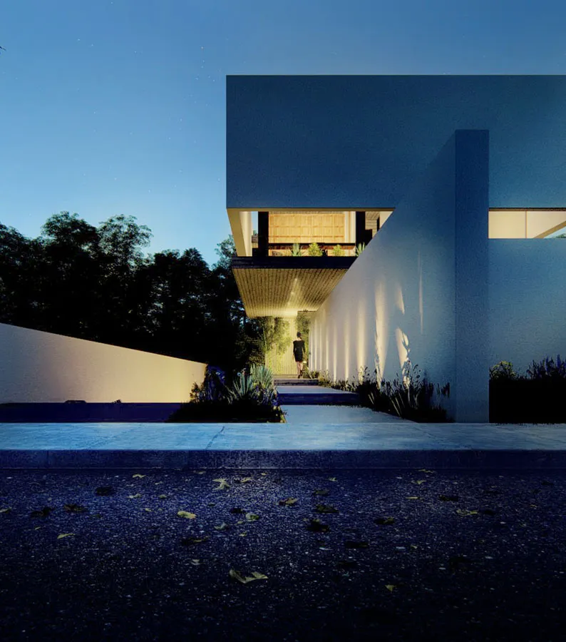 Rendering at night of a white villa seen from the street, with a lit garden wall, a cantilevered upper floor and an entrance path