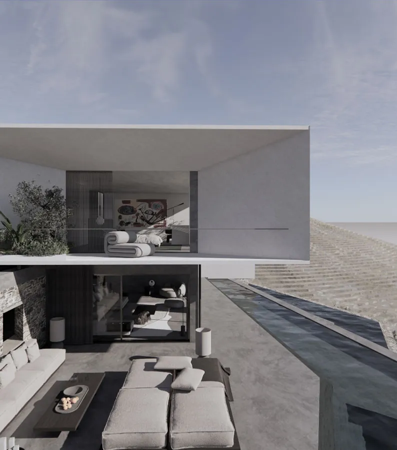 Rendering of a two-storey concrete villa with a cantilevered upper floor, a lounge terrace and a long narrow pool beside the slope
