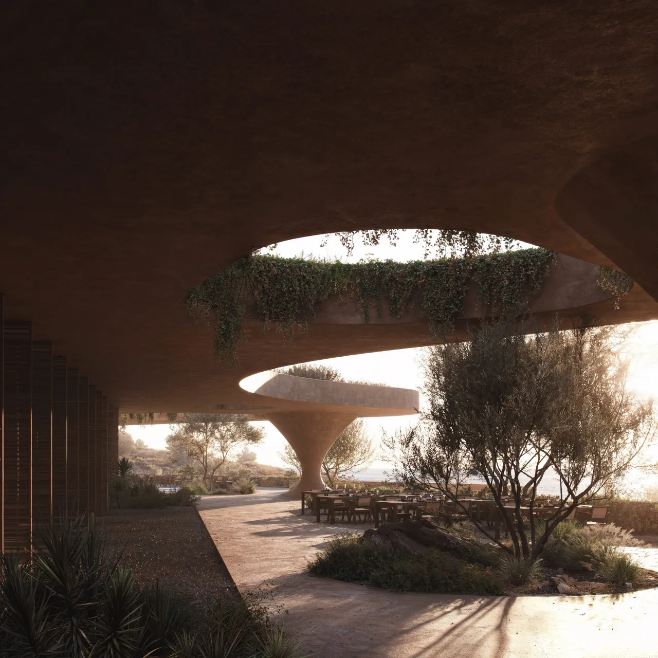 Rendering of a curving earthen-toned canopy with a planted oval opening, shading an outdoor restaurant terrace by the sea