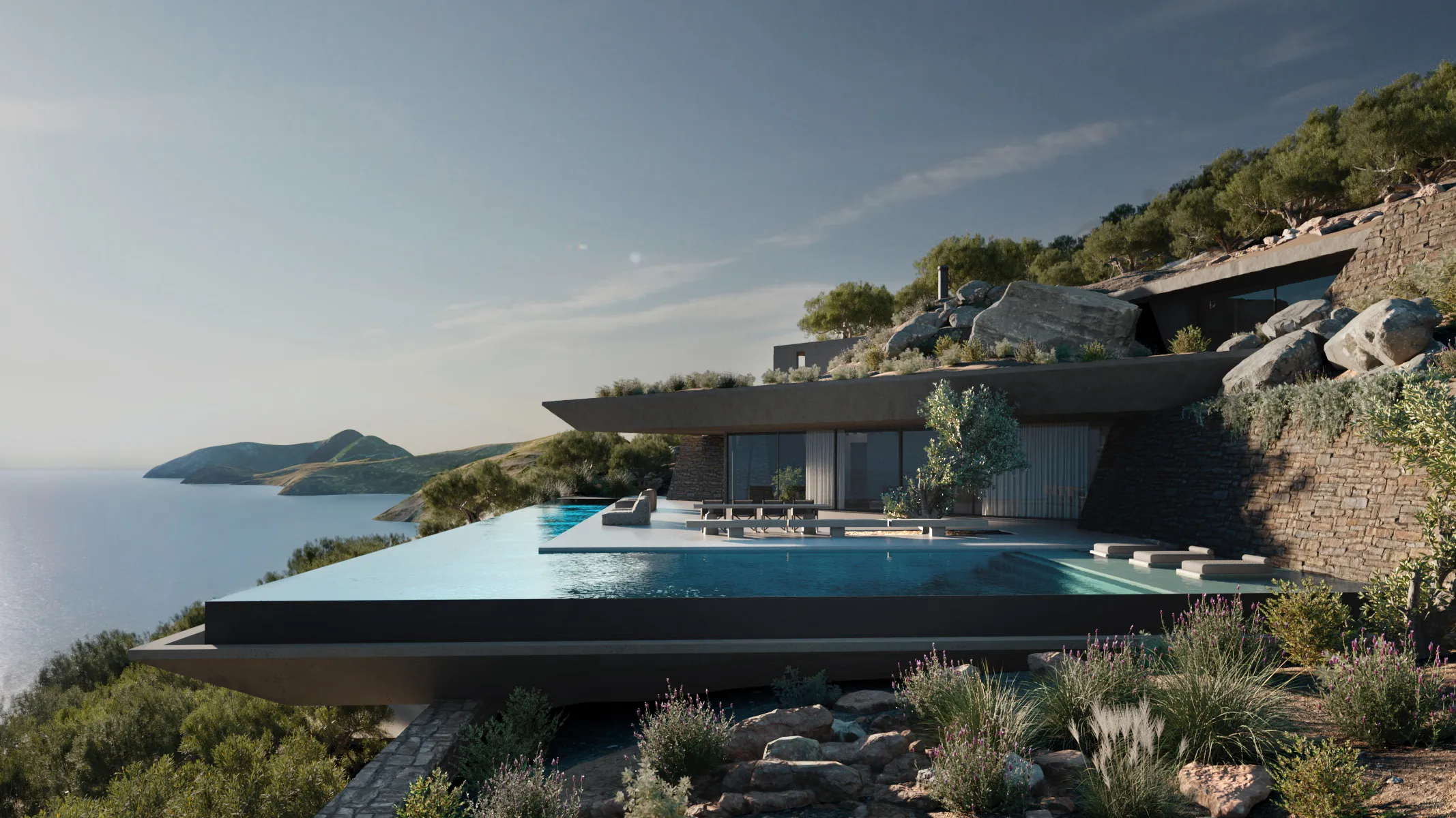 Villa V: rendering of a cliffside villa with a cantilevered infinity pool above the sea and a stone retaining wall