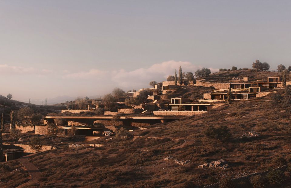 Shared Ground, Antiparos: low stone buildings terraced into a dry hillside in evening light