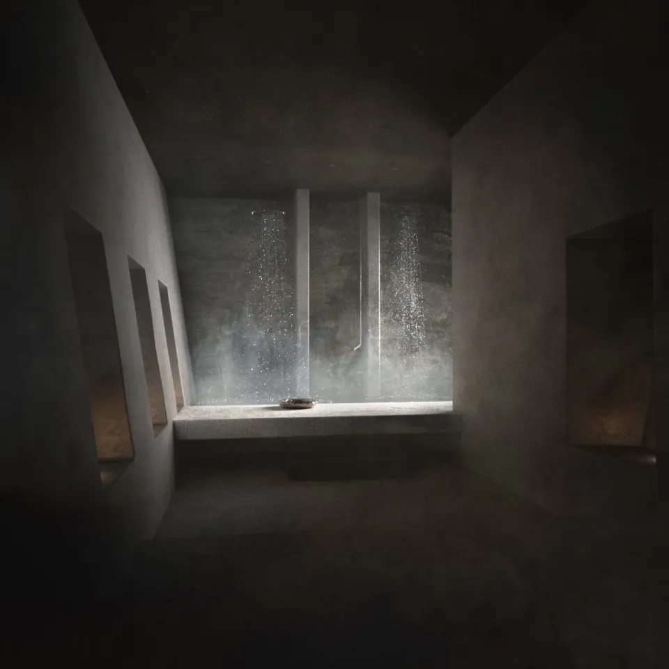 Rendering of a dark stone hammam lit through a high opening, with water falling in the light