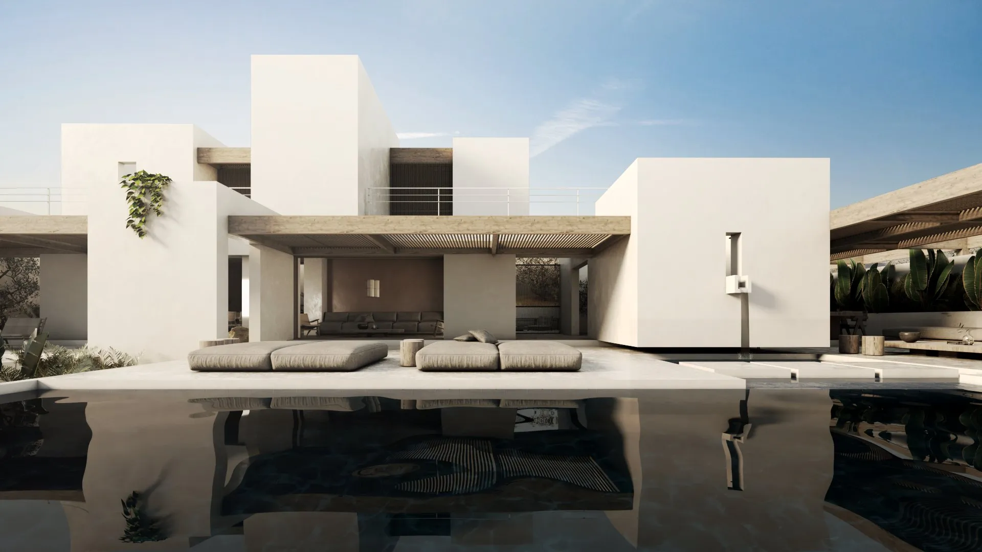 Rendering of a house of white volumes with a shaded terrace and daybeds, reflected in a dark pool