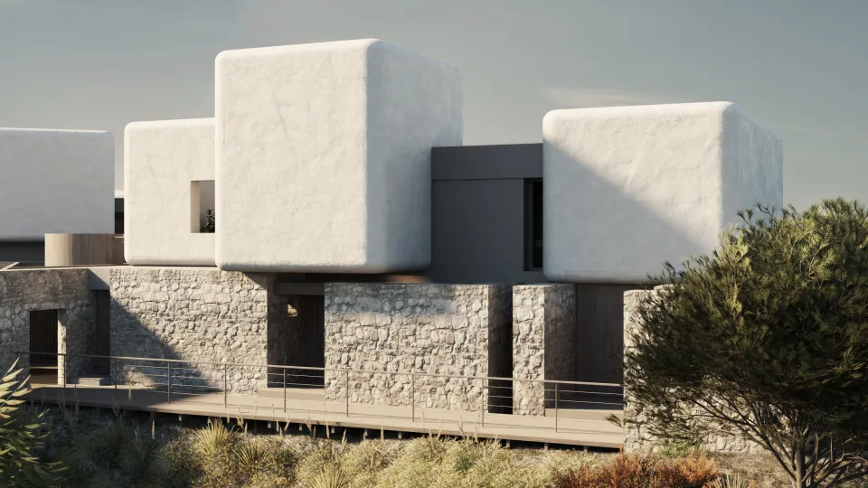 Rendering of rounded white volumes on a dry-stone base with a timber walkway