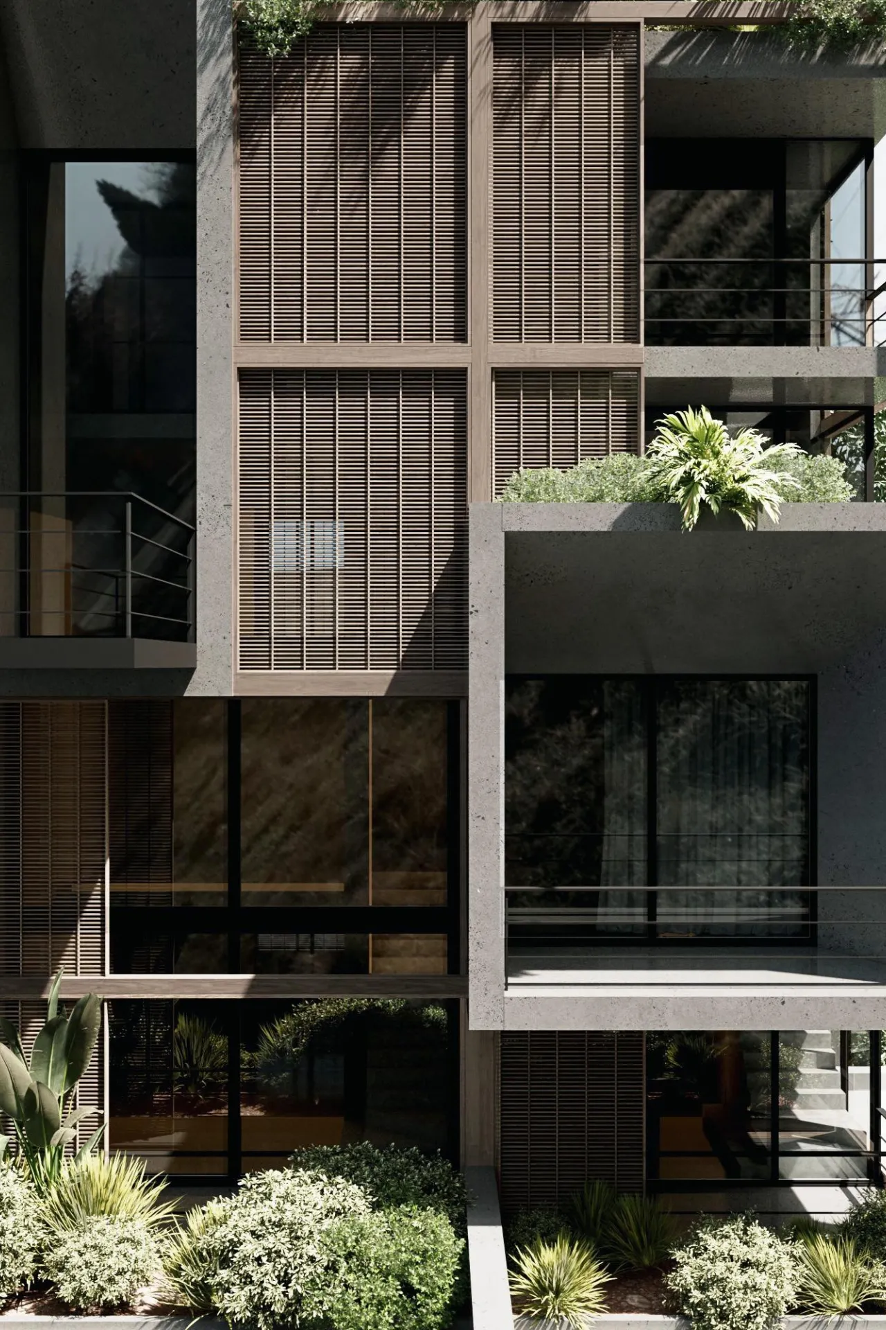 An apartment building with timber screens and planted balconies rising above a garden