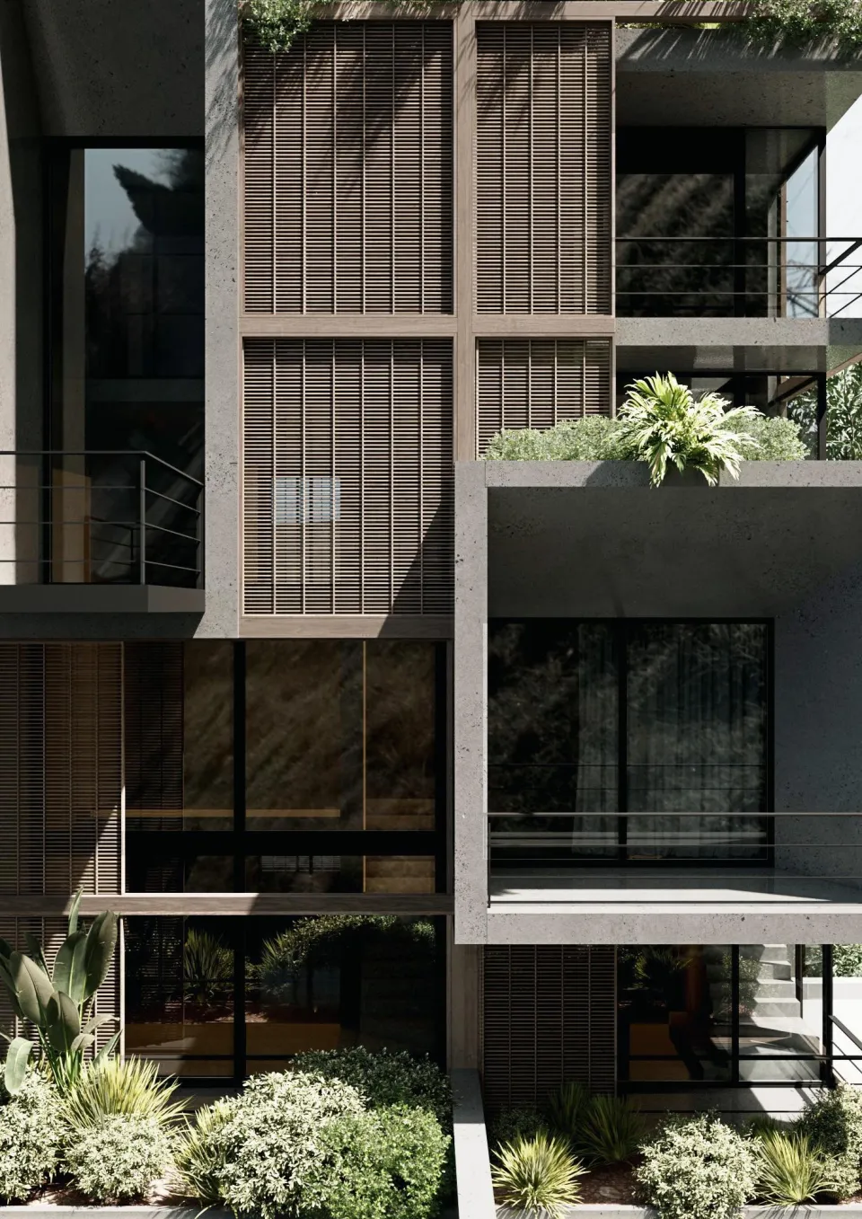 An apartment building with timber screens and planted balconies rising above a garden