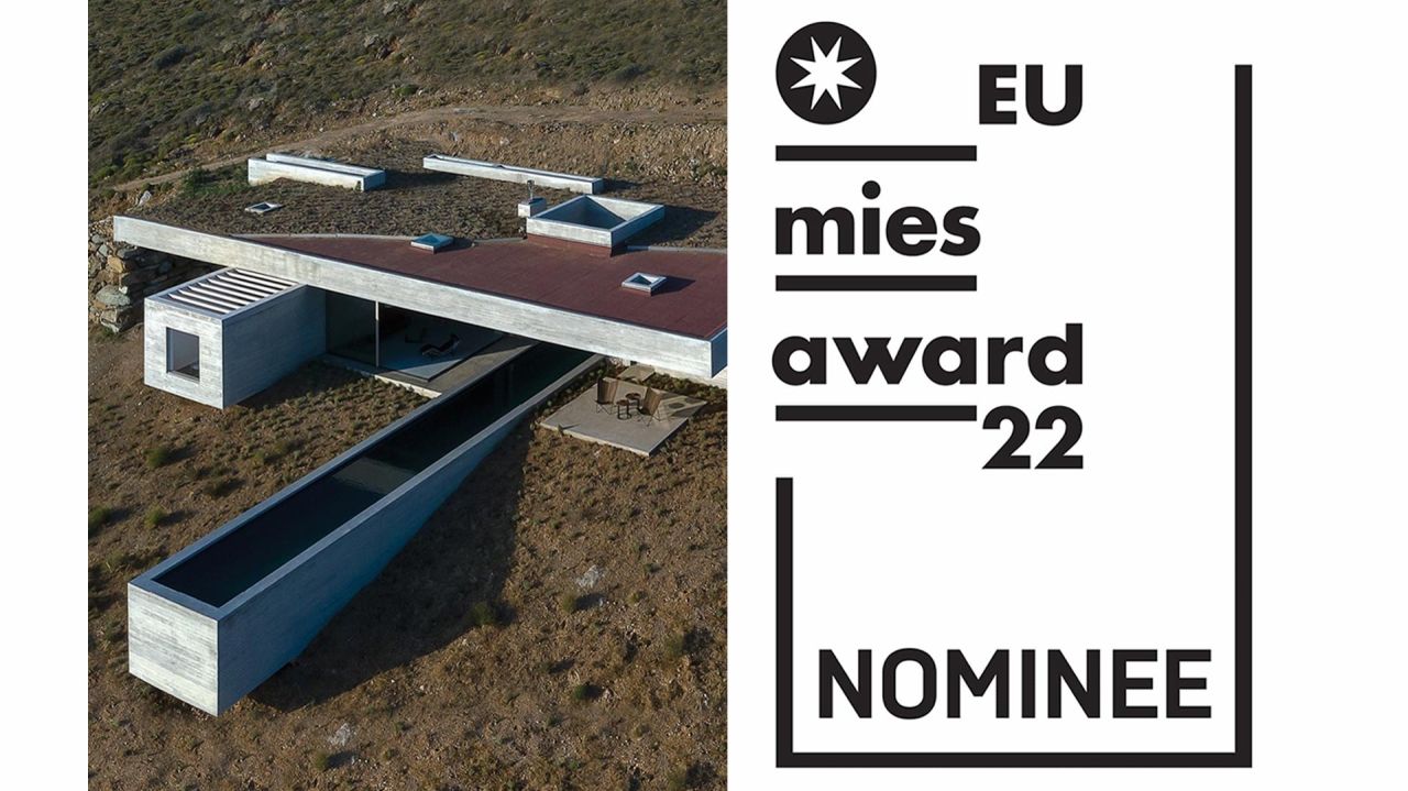 Aerial view of a concrete house with a long pool beside the EU Mies Award 2022 nominee graphic