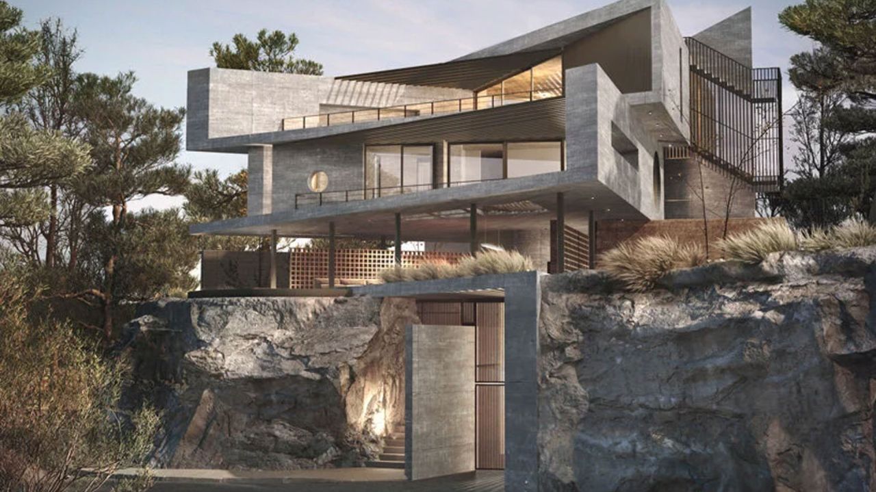 Rendering of Casa 55, a multi-level concrete and timber house stacked above a rock face among pine trees