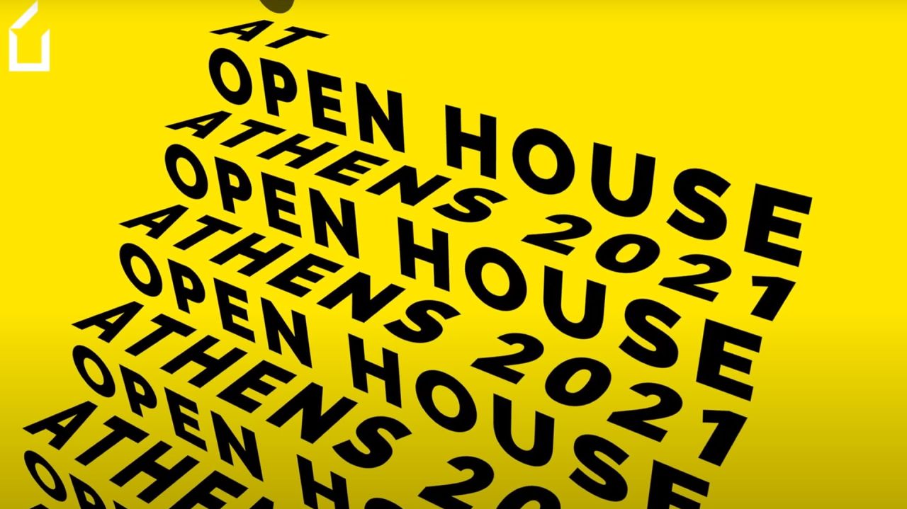 Black repeating text reading Open House Athens 2021 on a yellow background, in perspective like stairs