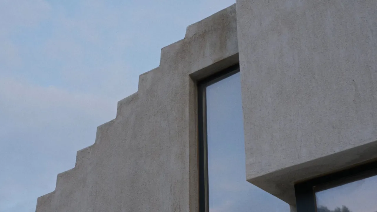 A Touch of New: stepped concrete wall beside a deep-set window against a pale sky