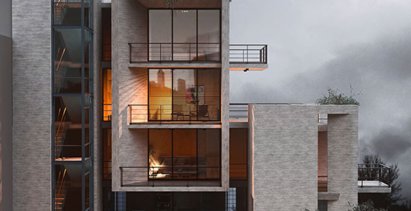 Rendering of the Block of Flats in Gyzi, a stack of balconies with a circular opening, planters and a glazed stair tower