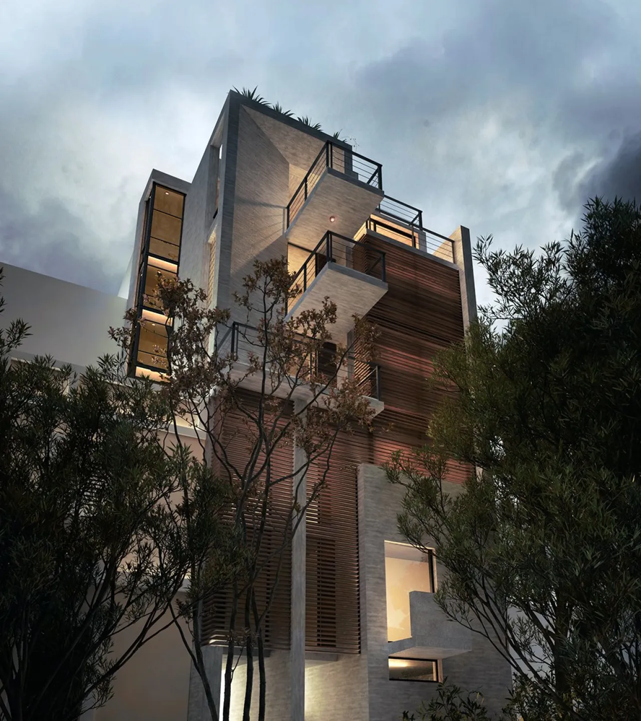 Block of Flats in Gyzi, Athens: an apartment building with timber-screened balconies among trees, lit at night