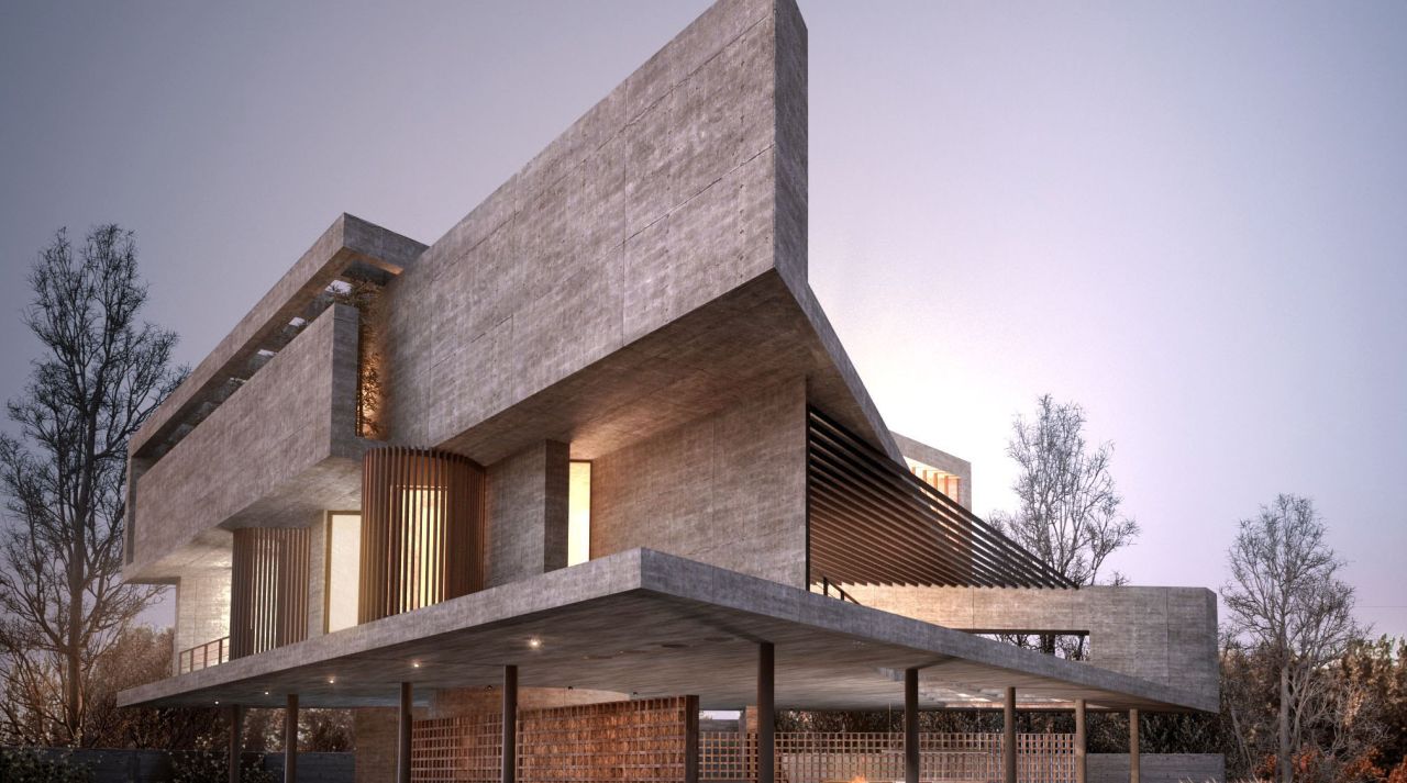 Rendering of Casa 55 at dusk: concrete volumes cantilevered over a pillared terrace and pool, on a rocky outcrop