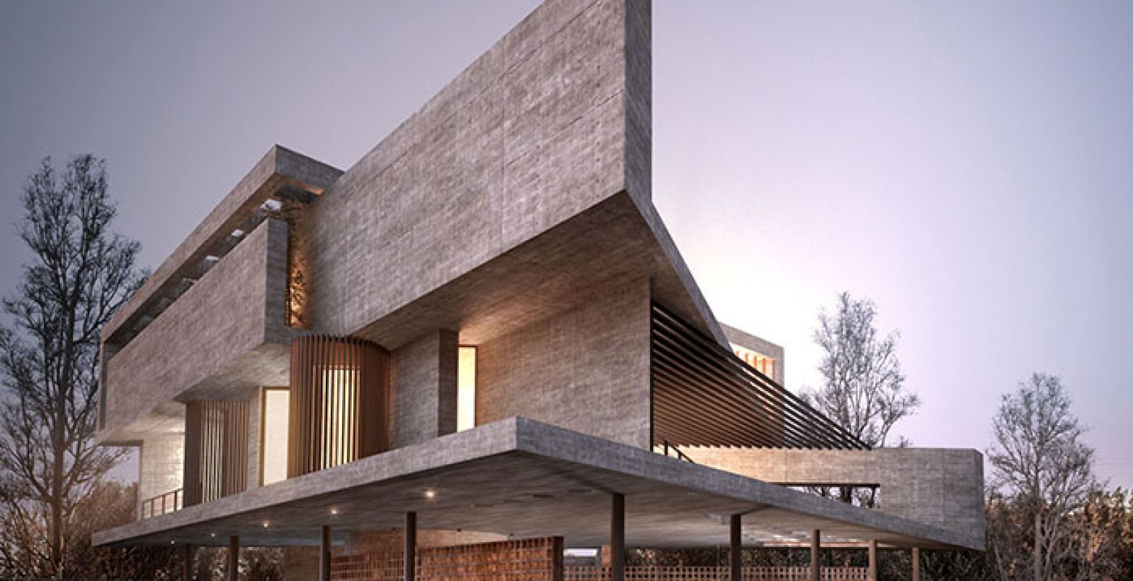 Rendering of Casa 55 at dusk: concrete volumes cantilevered over a pillared terrace and pool, on a rocky outcrop