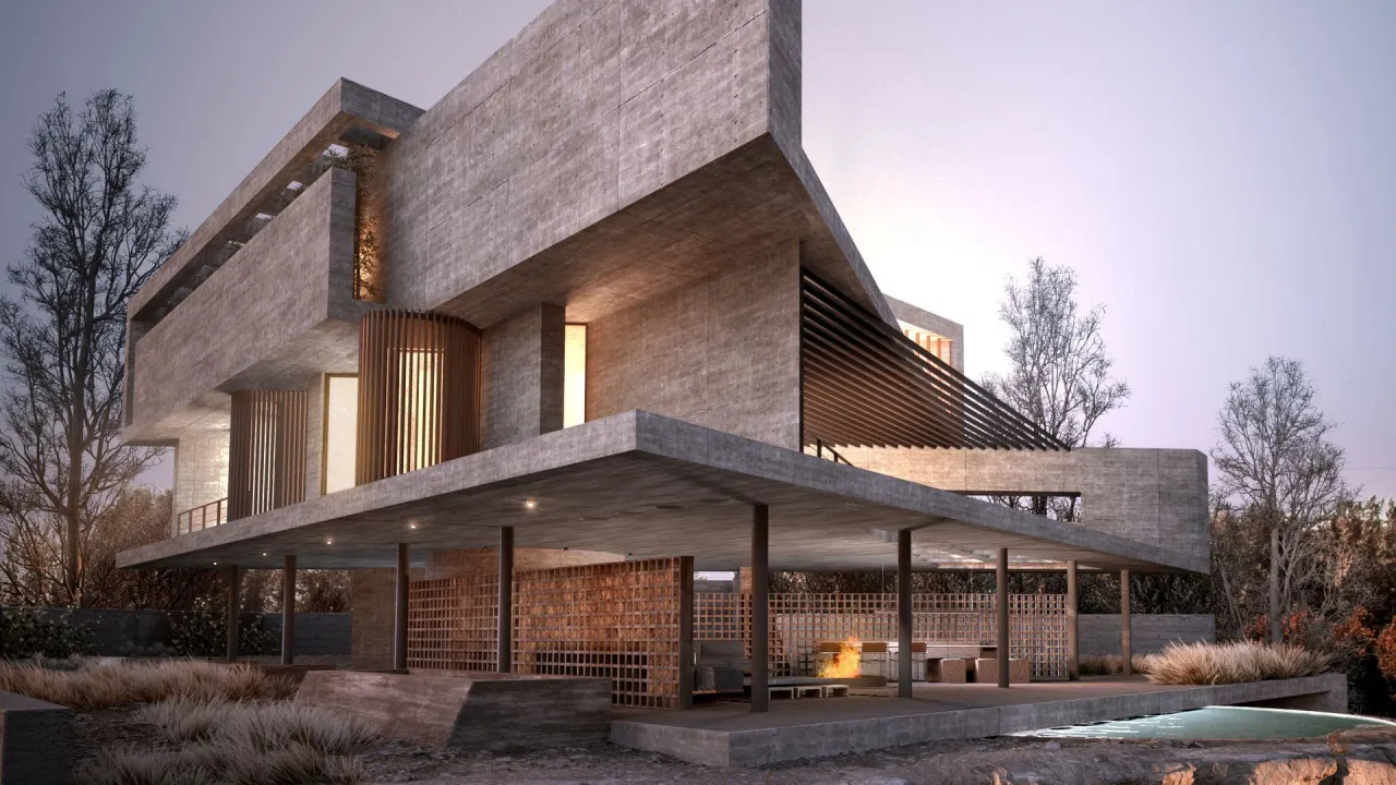 Casa 55, Athens: the house with its lit openings at dusk