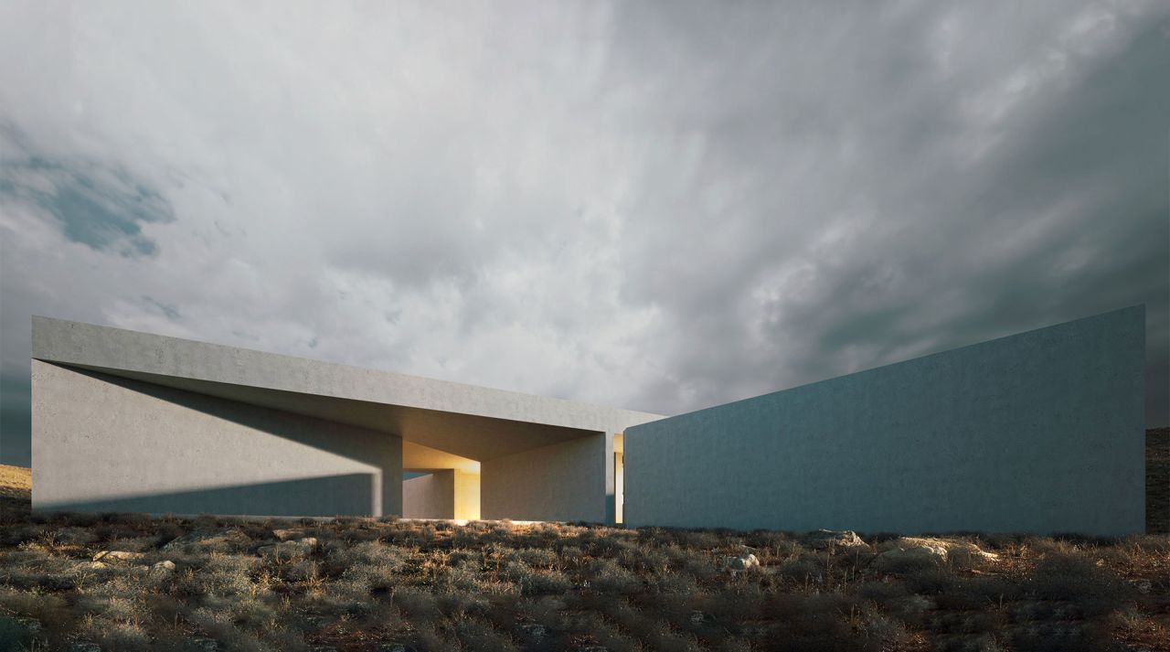 Rendering of Casa C: long concrete walls and a flat roof meeting at a lit opening, under a stormy sky