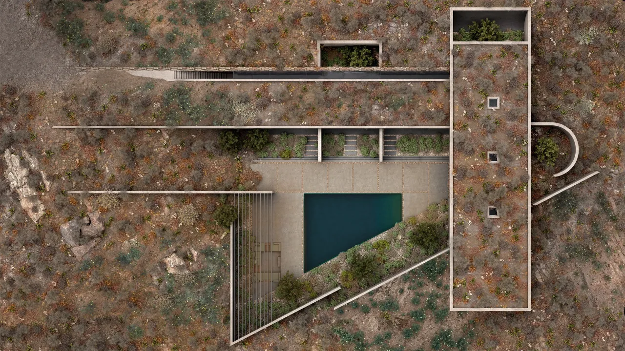 Aerial rendering of Casa C from above: planted roof, triangular courtyard and dark pool on a rocky slope