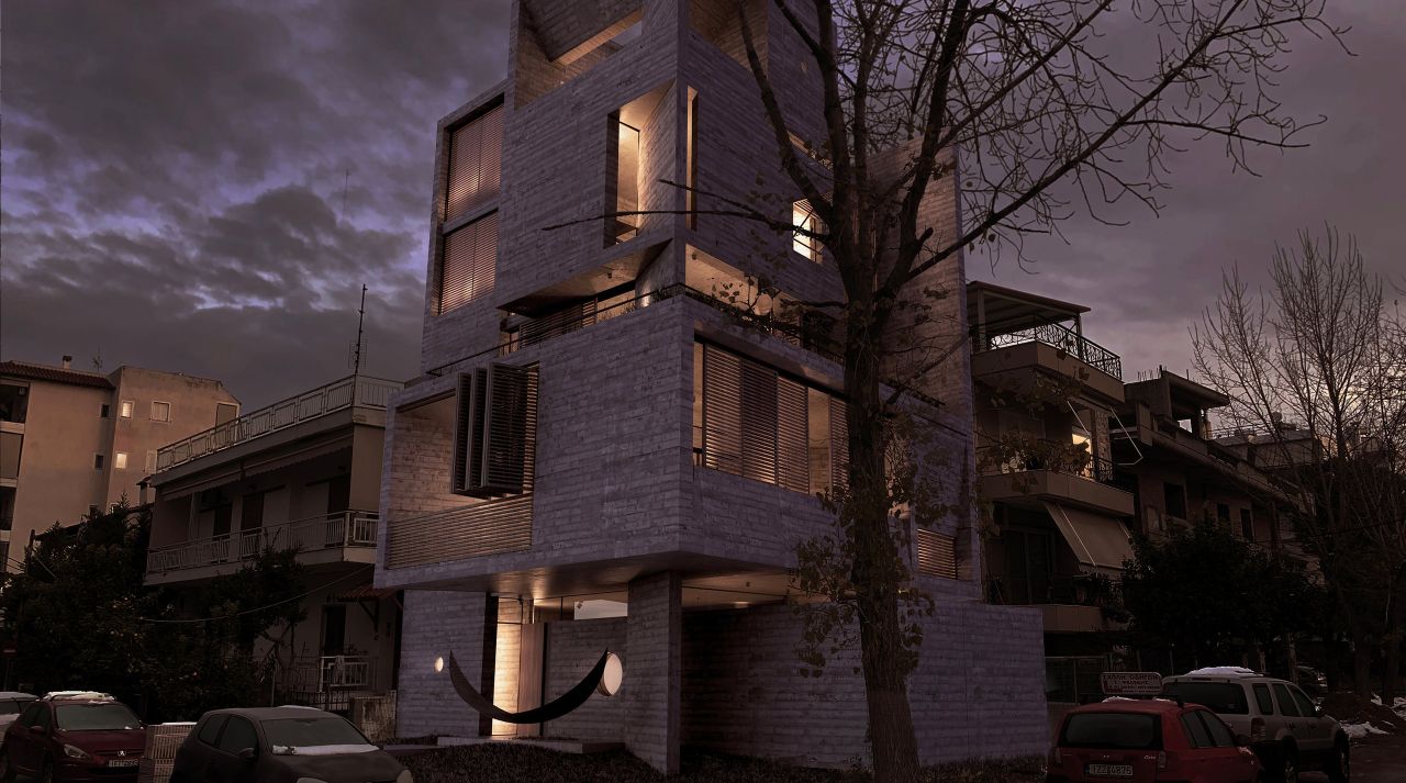 Rendering of Casa Leone at dusk on an Athens street: lit concrete apartment block behind a bare tree and parked cars