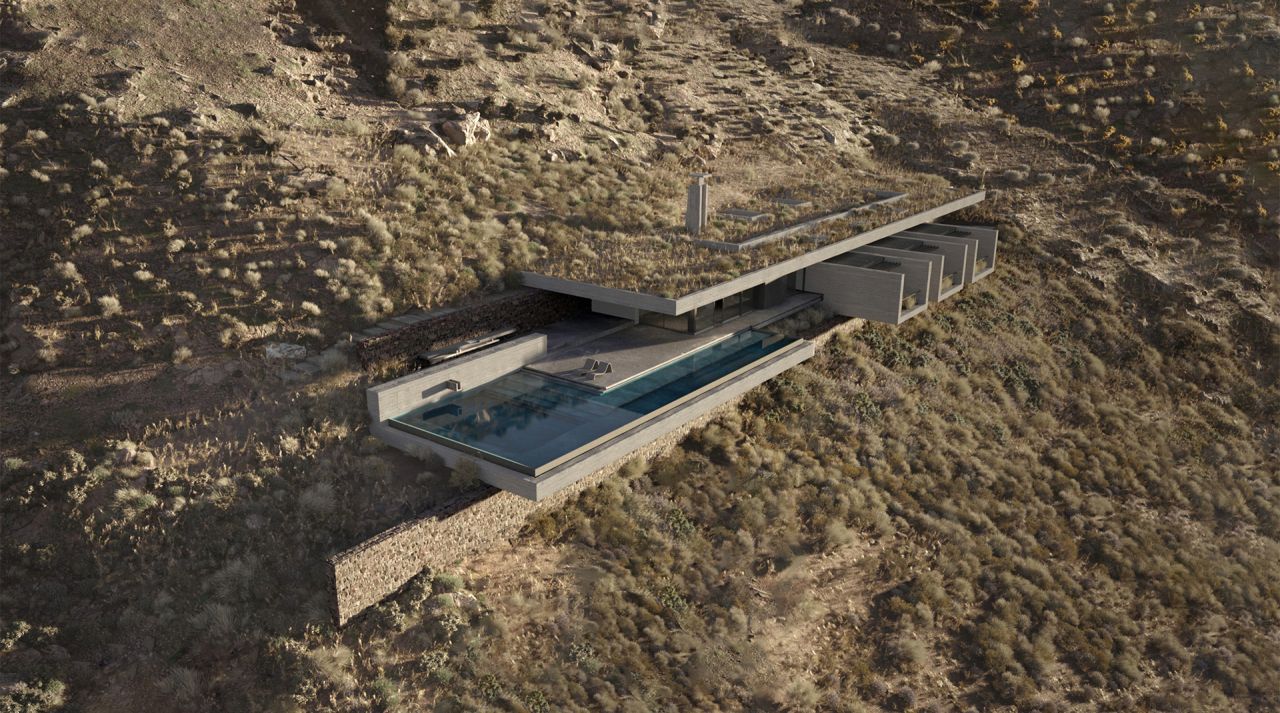 Aerial rendering of The Cliffhanger: a concrete house with planted roof and long pool cantilevered from a steep Lefkada slope