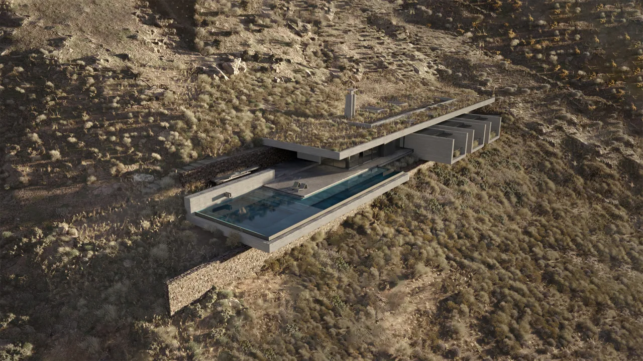 Aerial rendering of The Cliffhanger: a concrete house with planted roof and long pool cantilevered from a steep Lefkada slope