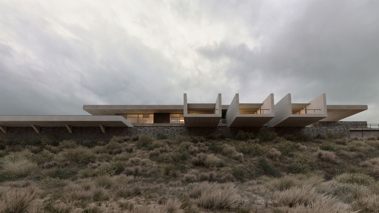 Rendering of The Cliffhanger from below: concrete roof slabs and three projecting bedroom boxes above a stone retaining wall