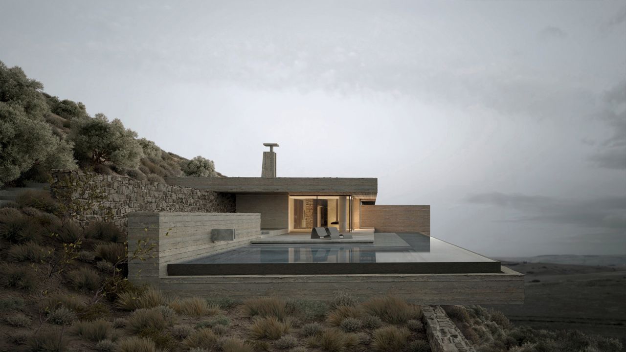 Rendering of The Cliffhanger side view: infinity pool and glazed living space with a chimney, set against a stone-walled slope