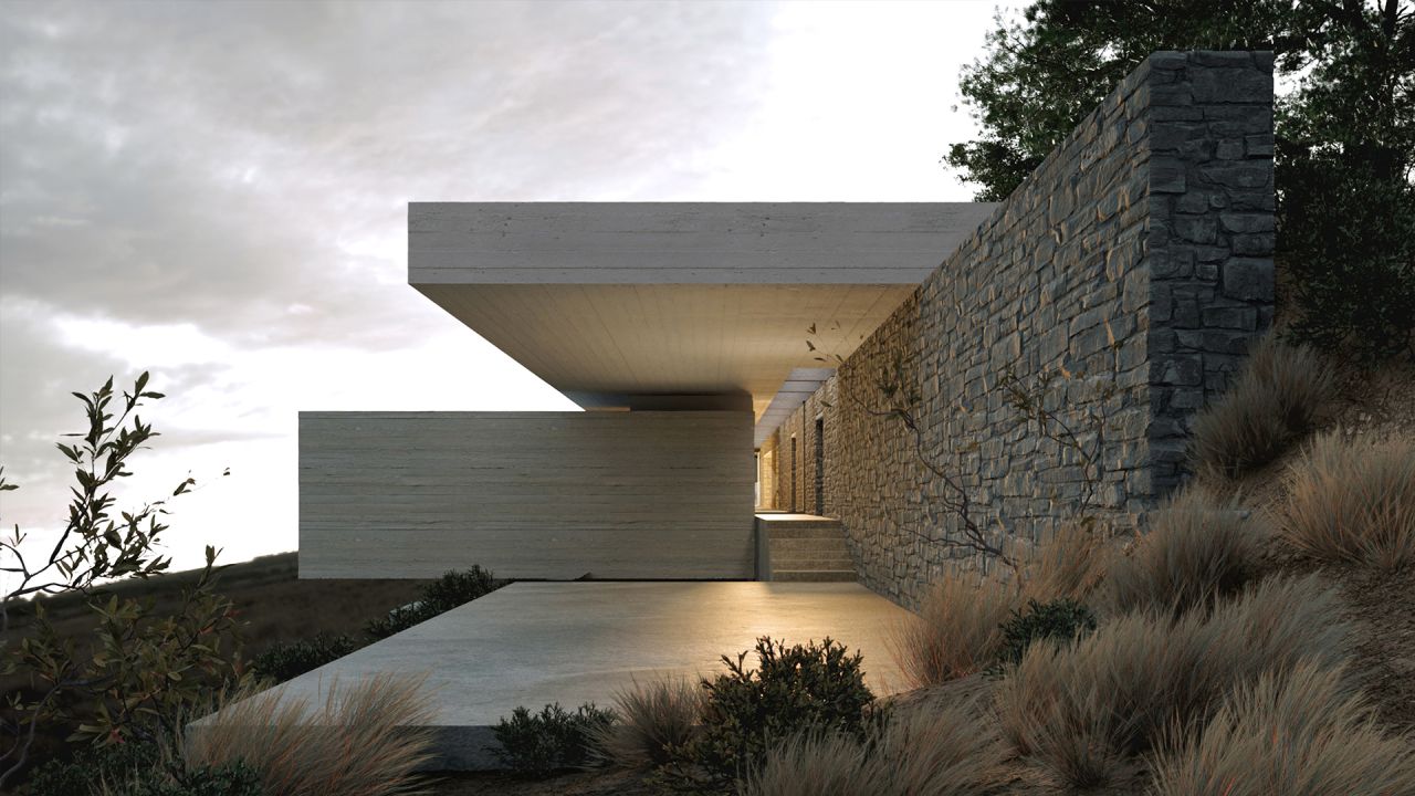Rendering of The Cliffhanger at dusk: a concrete roof slab cantilevering over a terrace beside a tall stone wall