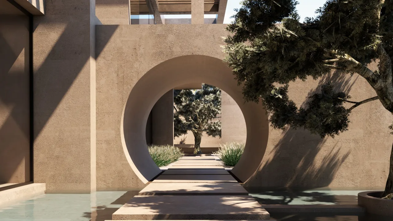 Rendering of Cycladic Offices: a circular opening in a rough earth-toned wall frames stepping stones across water toward an olive tree