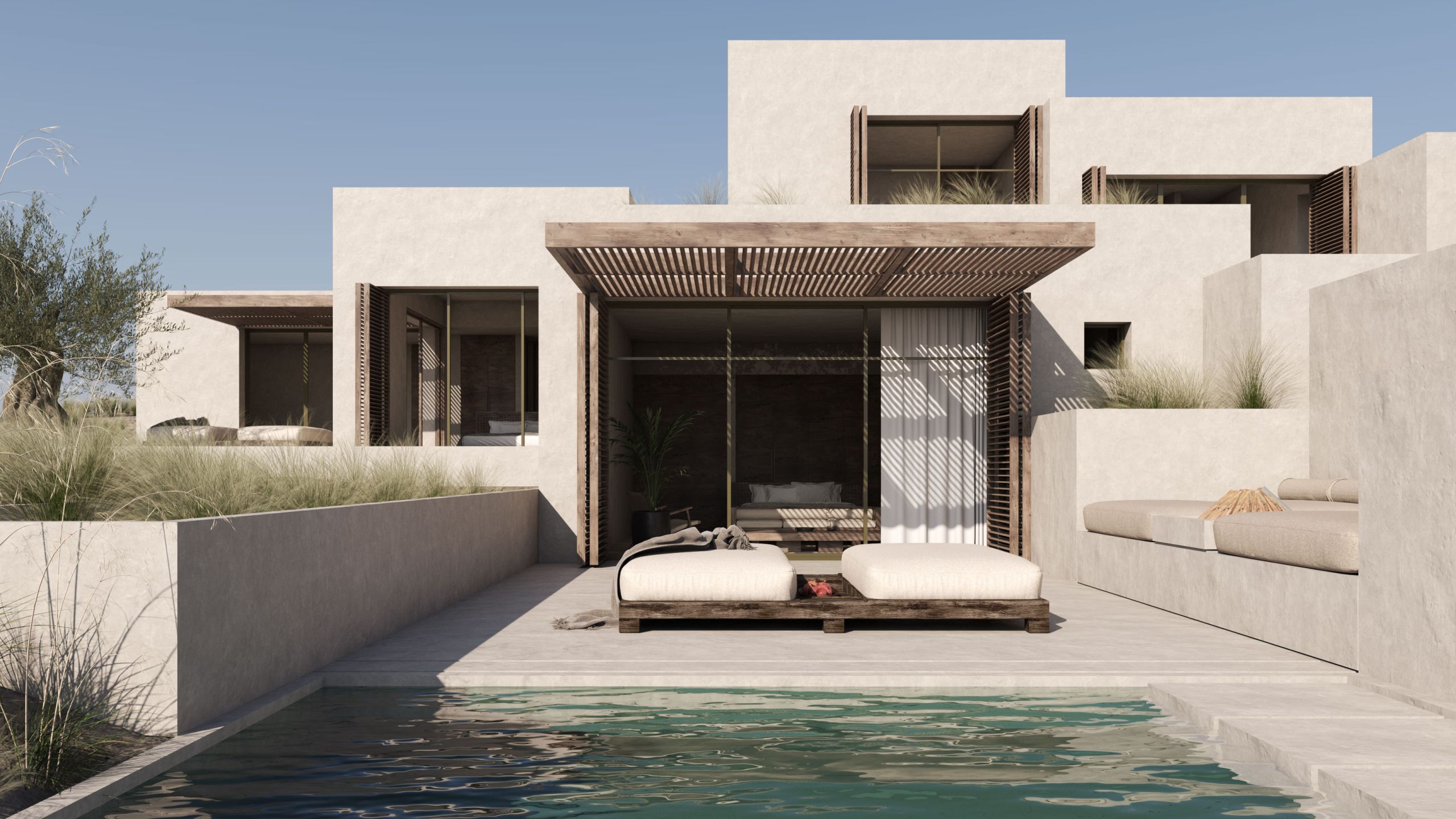Suite exterior with a timber pergola, a daybed and a private plunge pool among planted terraces