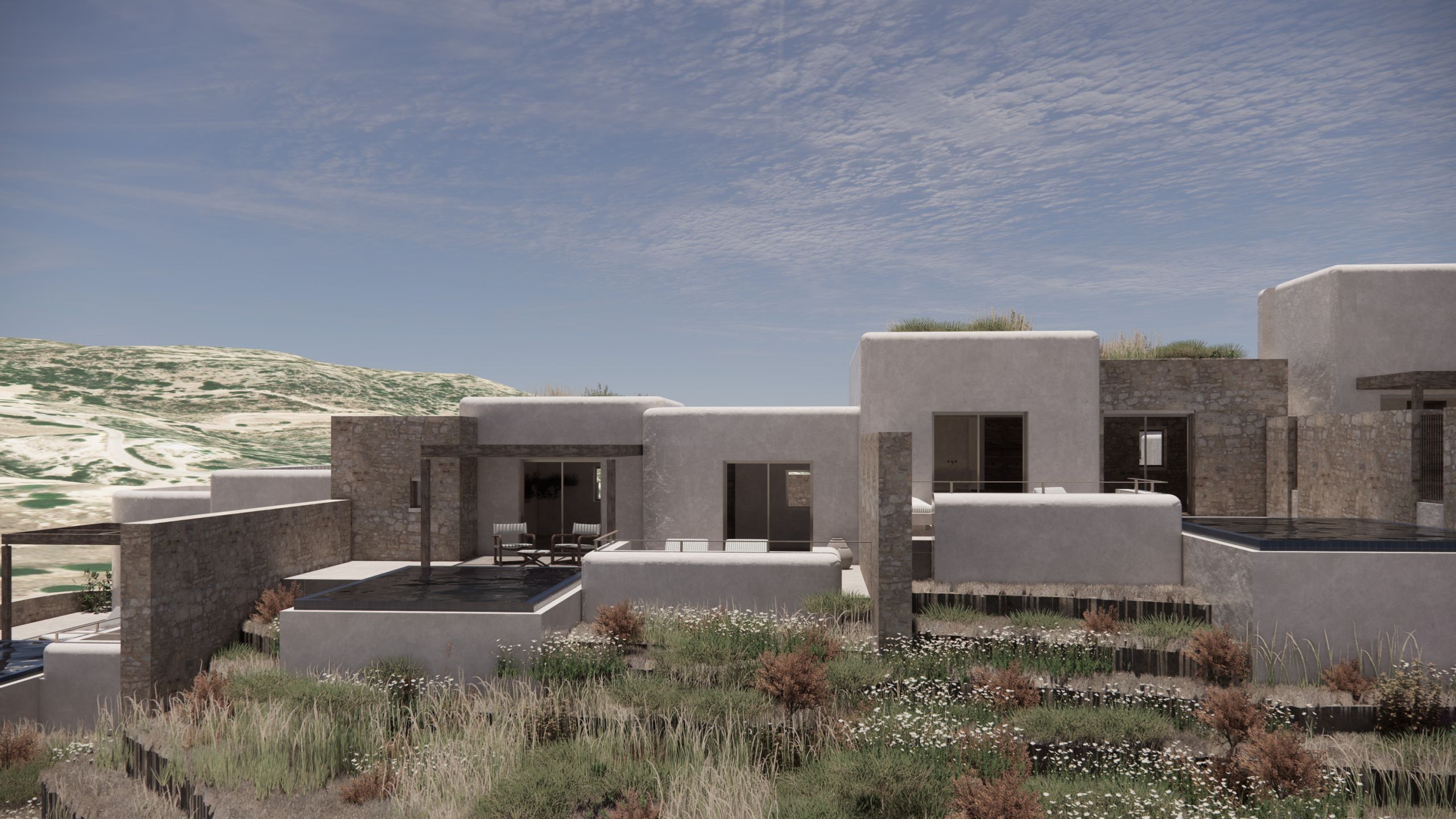 Earth-toned suites with planted roofs and private pools, set among wild grasses and flowers