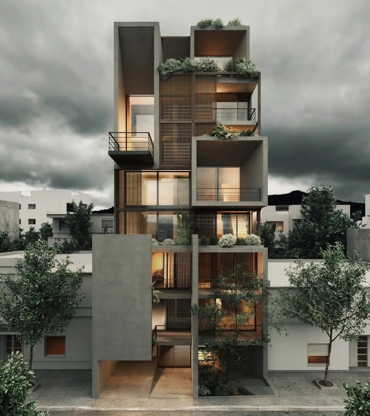 Green Block of Flats, Athens: a slender apartment building with timber screens and planted terraces at dusk