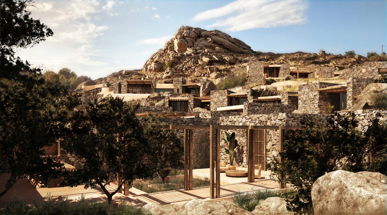 Rendering of Cycladic Hotel's stone buildings stepping up a boulder-strewn hillside, with a timber pergola among trees