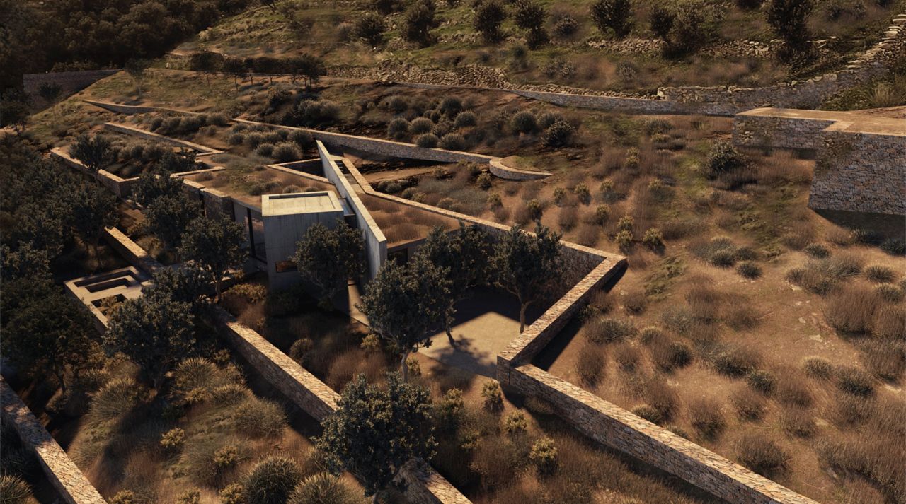 Rendering of Irene's Farmhouse from above: concrete house wrapped by low stone walls and trees on the terraced hillside