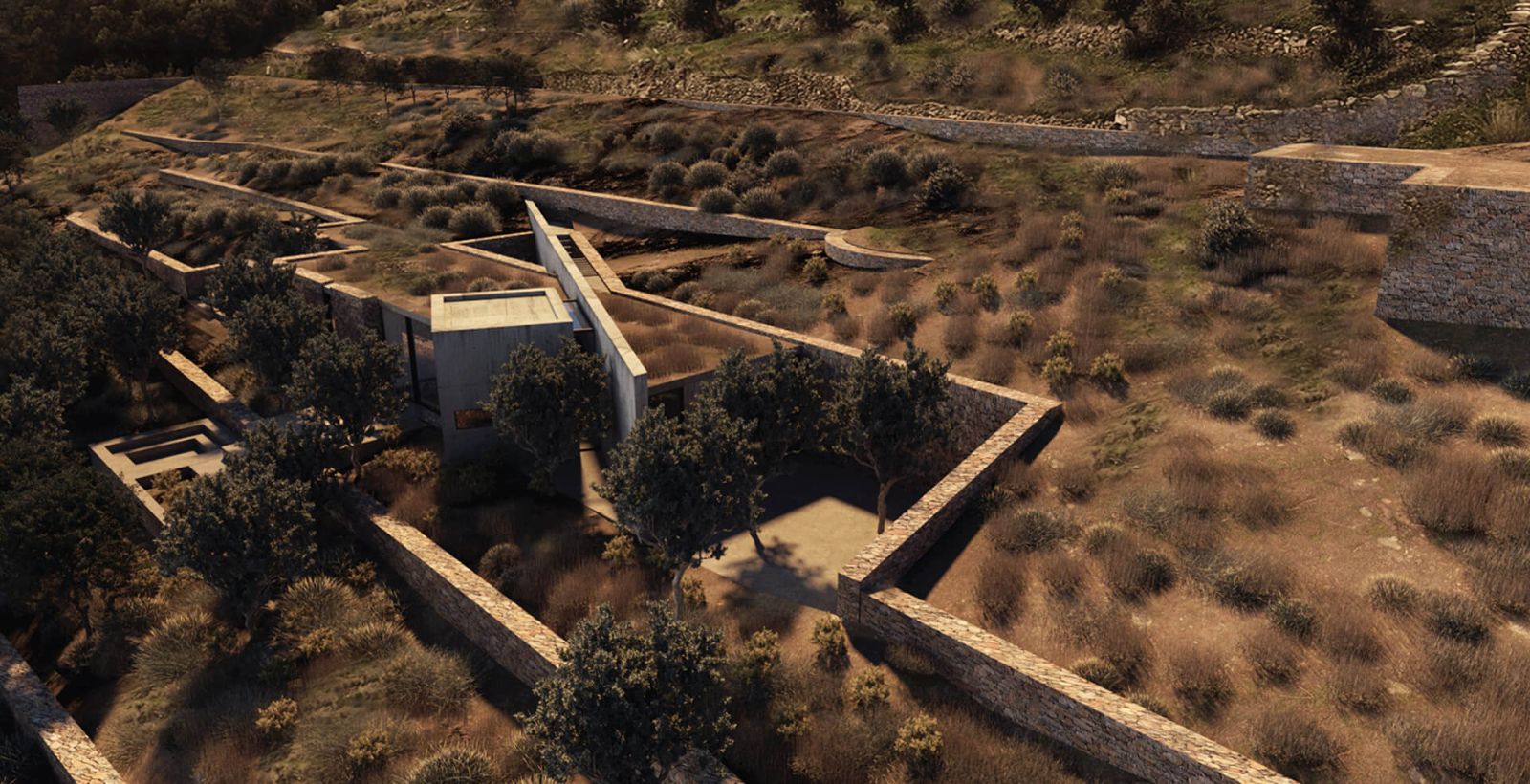 Rendering of Irene's Farmhouse from above: concrete house wrapped by low stone walls and trees on the terraced hillside