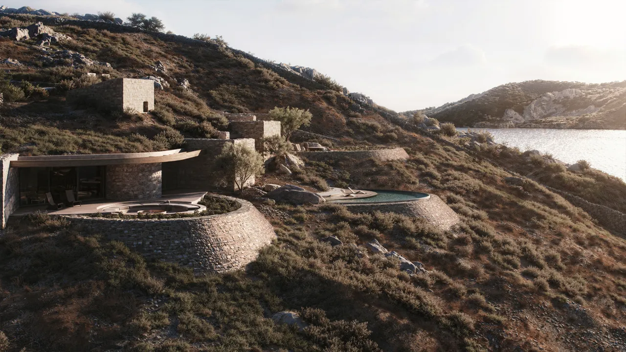 Rendering of Maison Cheval: stone-walled villa and round pool terraced into the Schinousa hillside above a quiet bay