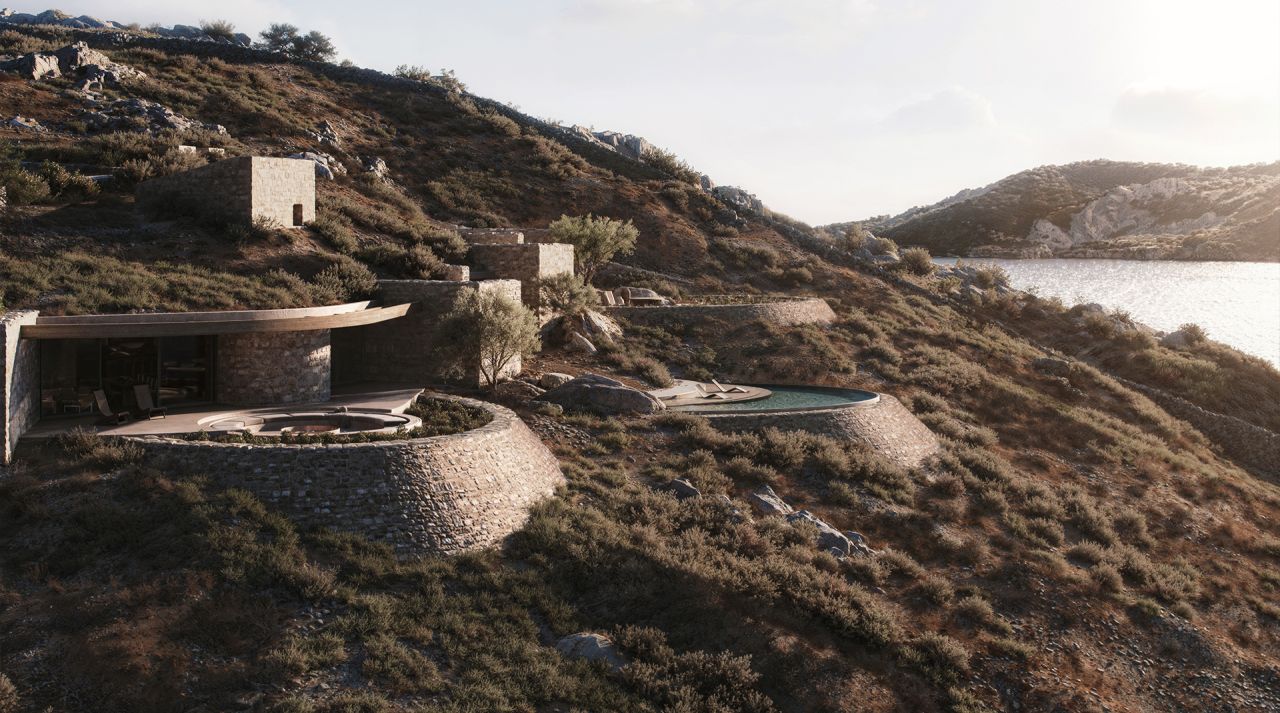 Rendering of Maison Cheval: stone-walled villa and round pool terraced into the Schinousa hillside above a quiet bay