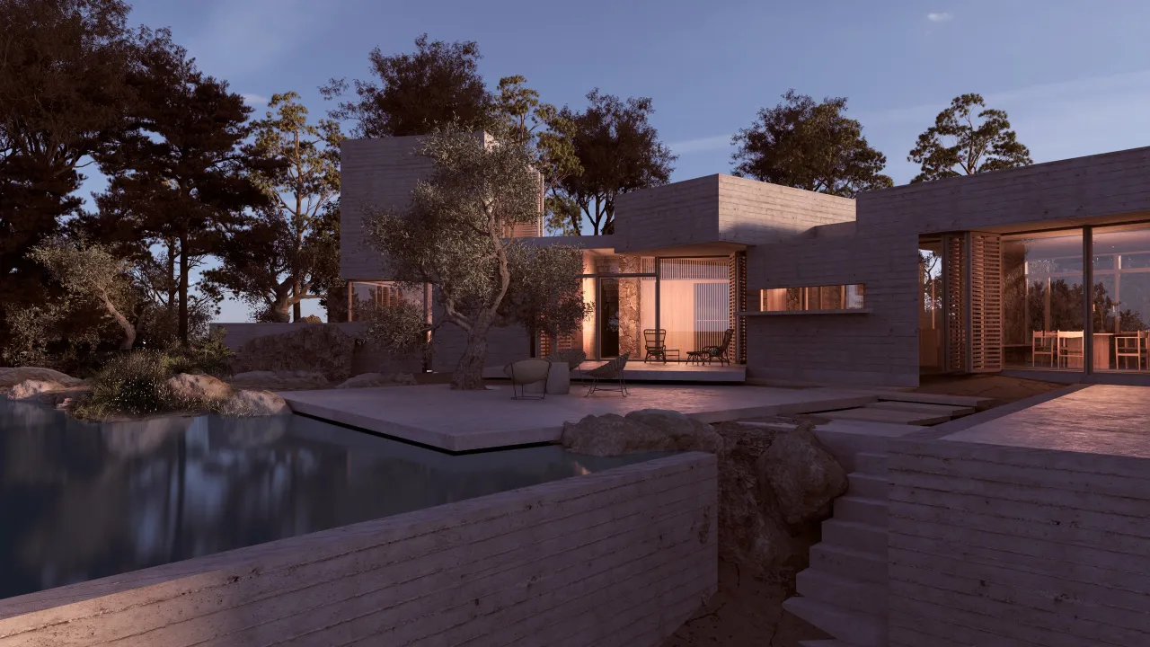 Rendering of Melissa’s Farmhouse at dusk: concrete house with timber shutters, an olive tree and an infinity pool in the foreground